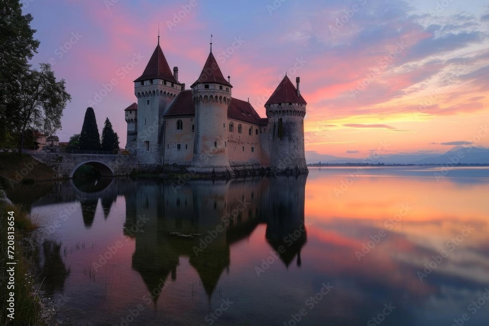 Historic european castle with moat at twilight