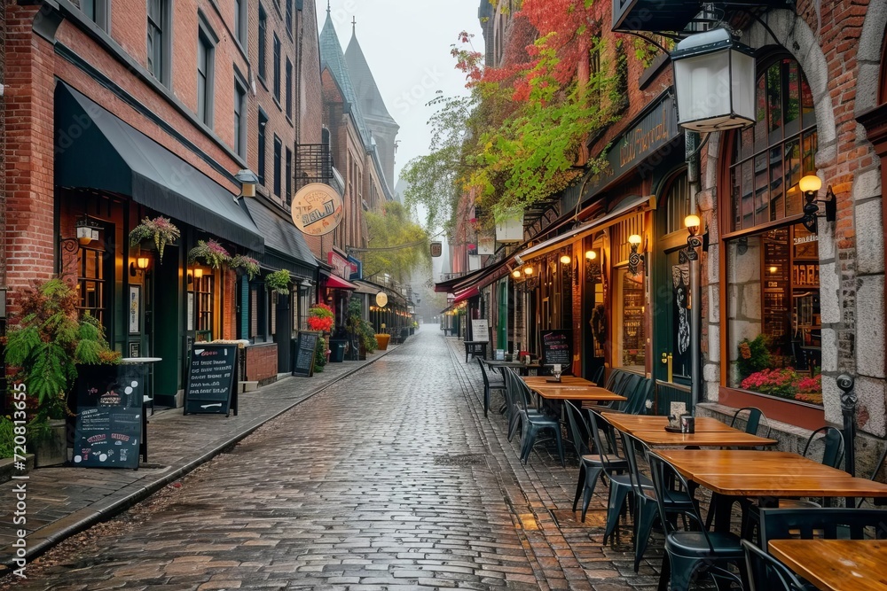 Naklejka premium Historic downtown street with cobblestone and cafes