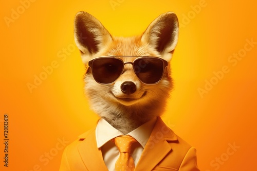 Anthropomorphic fox businessman wearing glasses and stylish orange suit isolated on yellow background