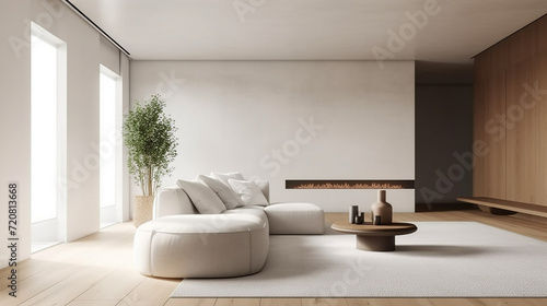 Interior empty wall mockup with contemporary, modern luxury sofa and decor, lamp, plant and table in living room. Generative AI.