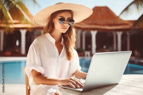 Stylish woman working on a laptop by a poolside, wearing sunglasses at tropical resort