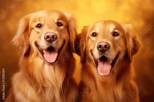 Two happy golden retrievers isolated on a yellow background, showcasing their friendly nature