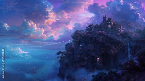 Twilight over a cliffside town, with manga style clouds generative ai