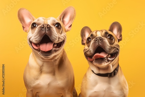 Two happy french bulldogs smiling with tongues out  isolated on yellow background