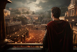 An emperor gazes over the Roman Empire, the sprawling city under the watchful presence of the Ancient Rome, embodying the legacy of a civilization