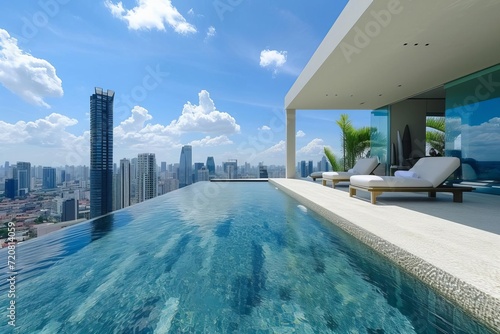 Luxurious infinity edge pool overlooking city skyline photo