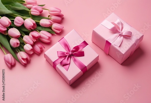  pink photo background stylish bow ribbon concept Top copyspace pastel bouquet isolated giftbox pink view Mother's tulips