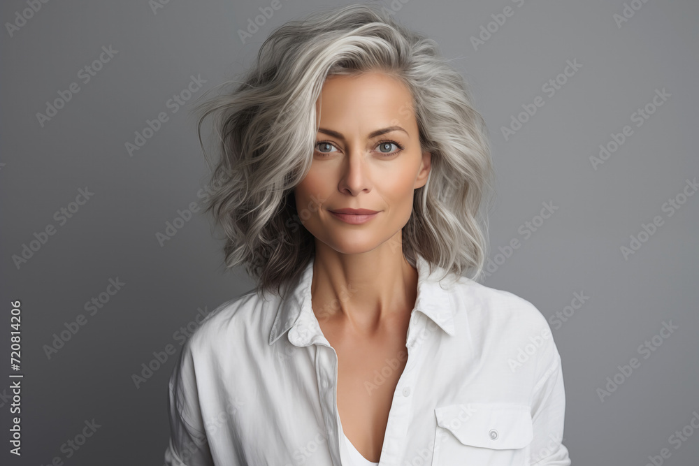 Studio portrait of a mature woman with silver hair and a white shirt, confidence and timeless elegance, isolated on gray background Studio portrait of a mature woman with silver hair and a white shirt, confidence and timeless elegance, isolated on gray background