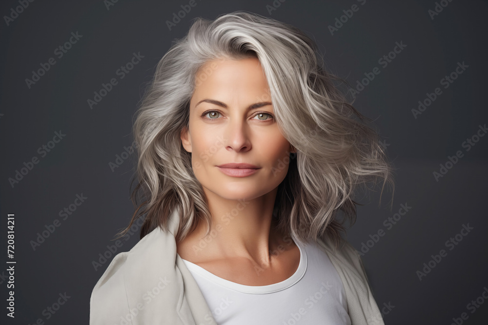 Studio portrait of a mature woman with silver hair and a white shirt, confidence and timeless elegance, isolated on gray background Studio portrait of a mature woman with silver hair and a white shirt, confidence and timeless elegance, isolated on gray background