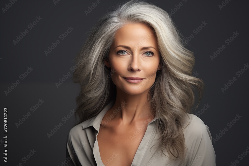 Studio portrait of a mature woman with silver hair and a white shirt, confidence and timeless elegance, isolated on gray background Studio portrait of a mature woman with silver hair and a white shirt, confidence and timeless elegance, isolated on gray background