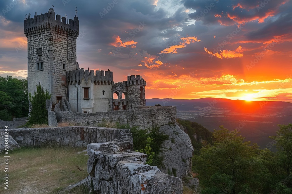Fototapeta premium Majestic castle on hilltop with panoramic sunset view