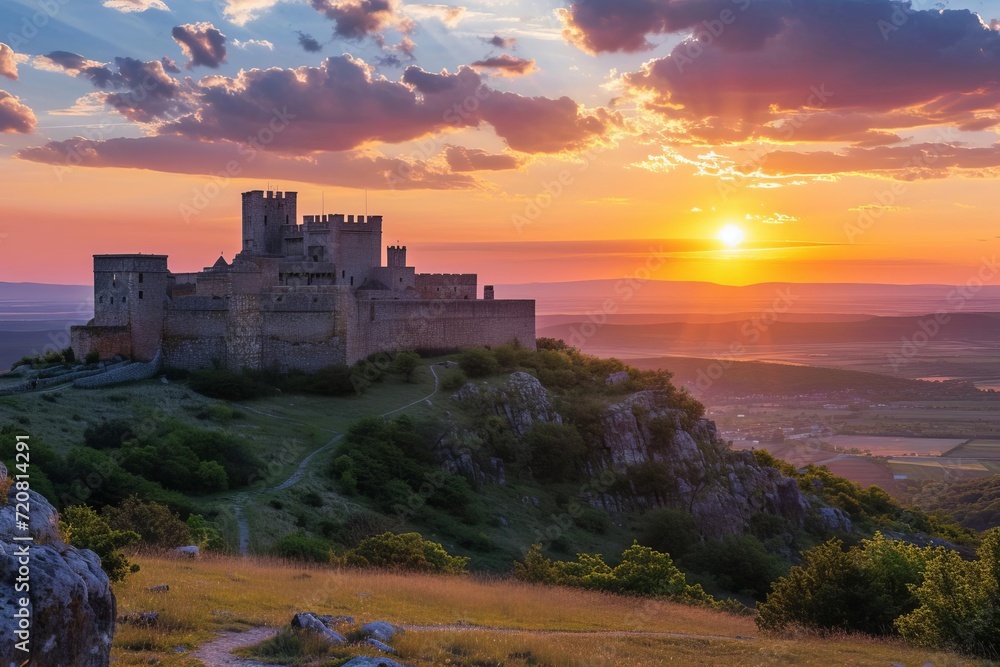 Majestic castle on hilltop with panoramic sunset view