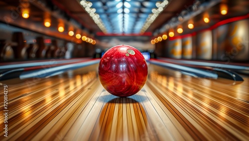 Fotografia A skilled bowler carefully aims their bowling ball down the lane, determined to