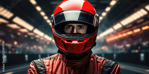 Portrait of racing driver wearing helmet, standing on race track after competition