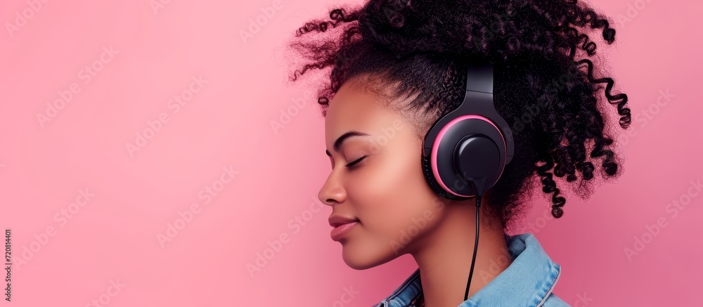 Obraz premium Captivating Young Woman Listening to Music on Pink Background - A Vibrant Image of a Young Woman Engrossed in Music on a Beautiful Pink Background