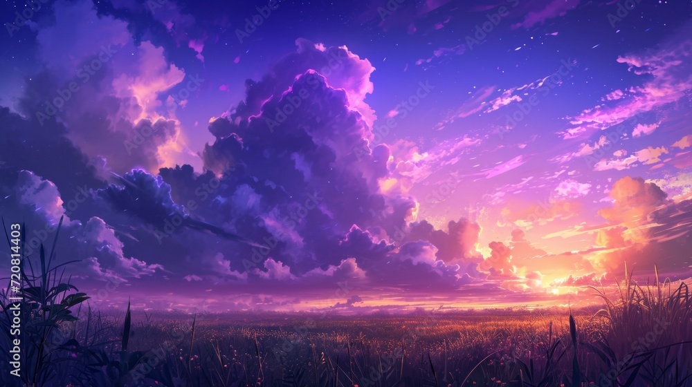 Twilights over a quiet meadow with vibrant violet and blue tones. manga style generative ai Twilights over a quiet meadow with vibrant violet and blue tones. manga style generative ai