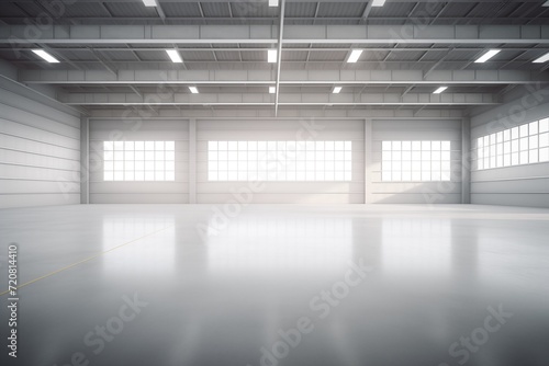 Spacious and modern empty gray industrial warehouse interior with bright lighting and a clean, polished concrete floor, reflecting a minimalistic design