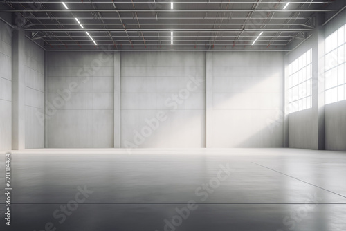Spacious and modern empty gray industrial warehouse interior with bright lighting and a clean  polished concrete floor  reflecting a minimalistic design