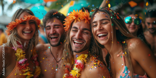 Fashionable modern people dancing and rejoicing. Joyful friends celebrating carnival with colorful confetti and festive accessories