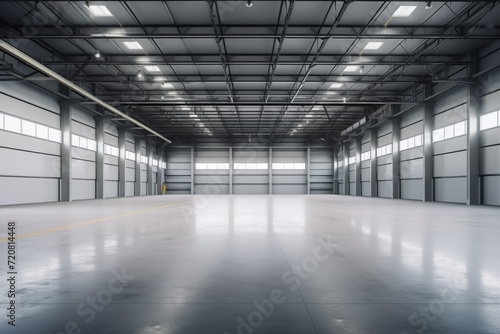Spacious and modern empty gray industrial warehouse interior with bright lighting and a clean, polished concrete floor, reflecting a minimalistic design © iridescentstreet