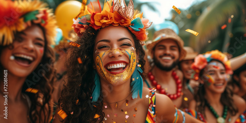 People at the carnival, festival and party. Exuberant carnival goers with radiant smiles and colorful costumes enjoying the festivity