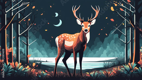 Abstract background of deer in the rive. Forest fantasy landscape graphic illustration. Template for your design works ready to use.