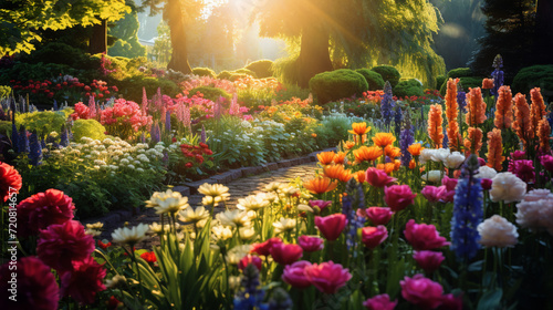 A vibrant flower garden with a rainbow of blossoms, AI Generative.