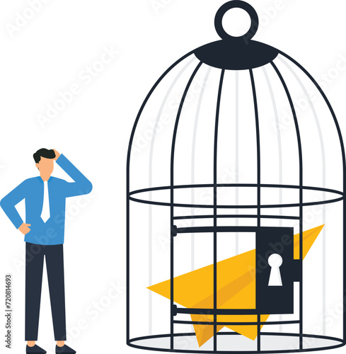 Paper plane inside the cage and paper folding or paper craft, Creativity flying in confinement area concept,
