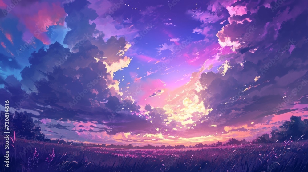 Twilights over a quiet meadow with vibrant violet and blue tones. manga style generative ai - obrazy, fototapety, plakaty 