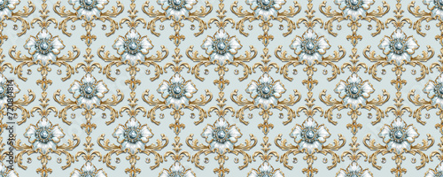 Seamless pattern. Elegant damask wallpaper featuring gold scrollwork and blue accents for refined interiors