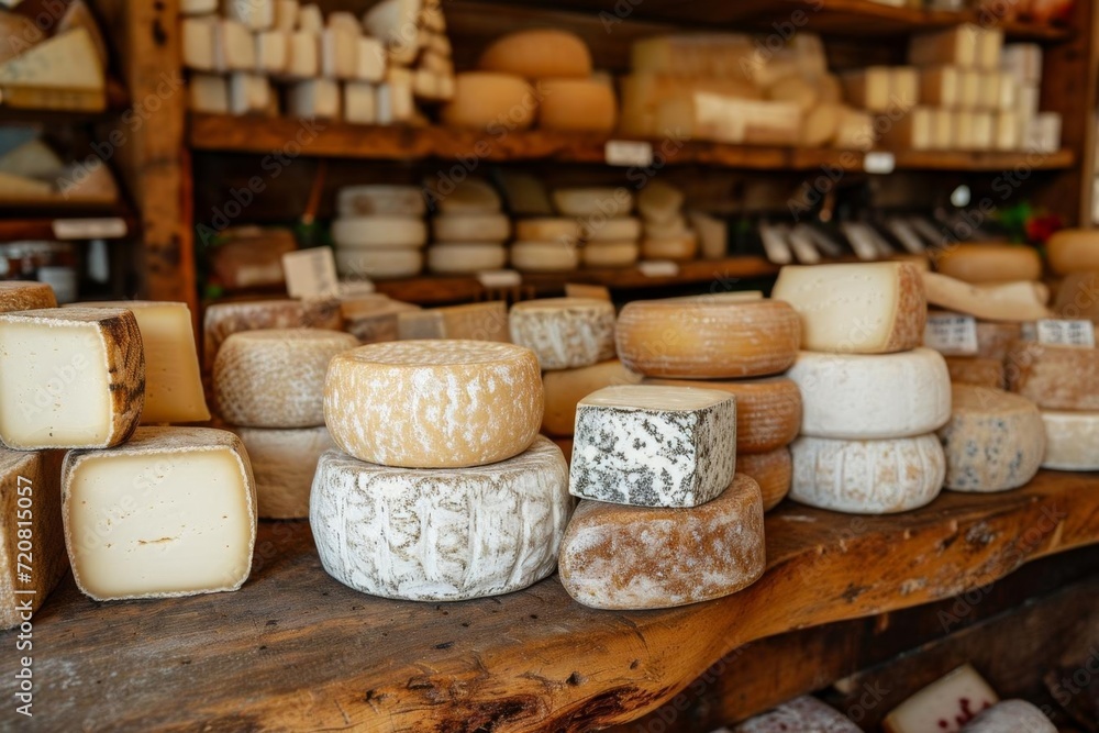 Rustic artisan cheese shop with variety of cheeses Rustic artisan cheese shop with variety of cheeses