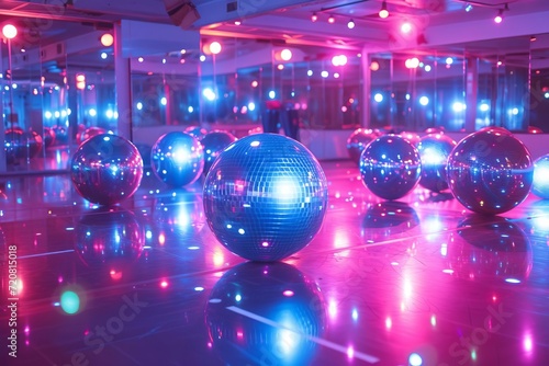 Retro roller skating rink with disco balls and funky music