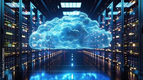 Data center with blue luminous cloud network and rows of server racks, modern cloud computing in server room