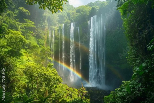 Spectacular waterfall in dense rainforest with rainbows