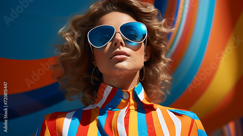 fashion cover, brunet model in colorful striped outfit in fashion sunglasses on striped background