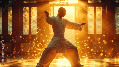 Portrait of kung fu master executes a powerful martial arts stance, surrounded by a swirl of fiery sparks that emphasize the energy and intensity of his discipline