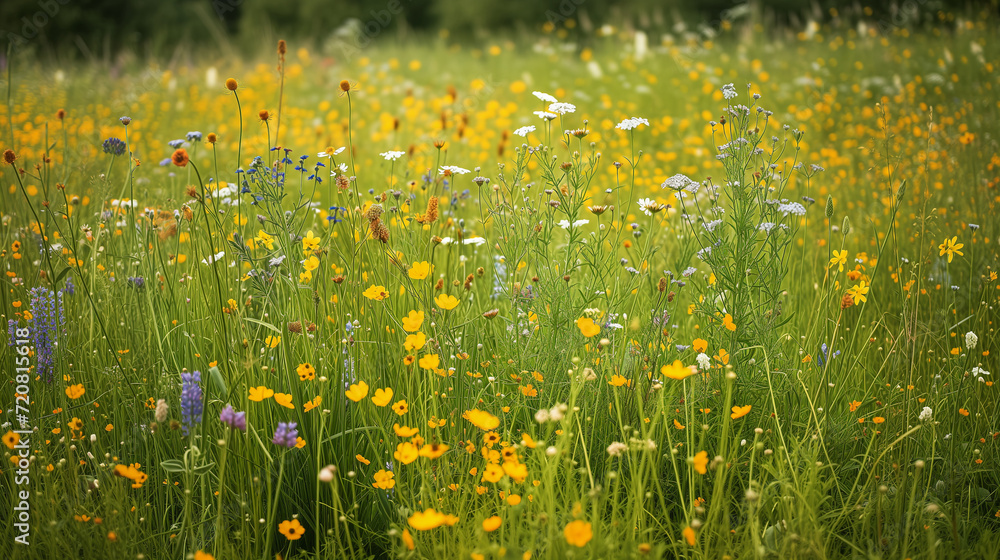 Fototapeta premium A vast meadow filled with a variety of wildflowers, creating a colorful natural tapestry