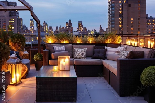 Urban rooftop terrace with chic decor and city lights
