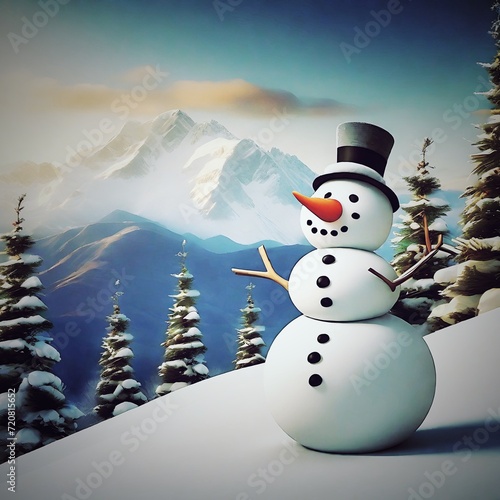 Snowman Winter Landscape Snow landscape. Snowman in a winter landscape, adorned with a black hat and red scarf © Sytac
