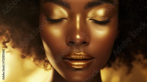 Gold glitter makeup on african woman face, beauty portrait of black model with closed eyes, shiny golden artistic make-up and glowing skin, bokeh lights on background