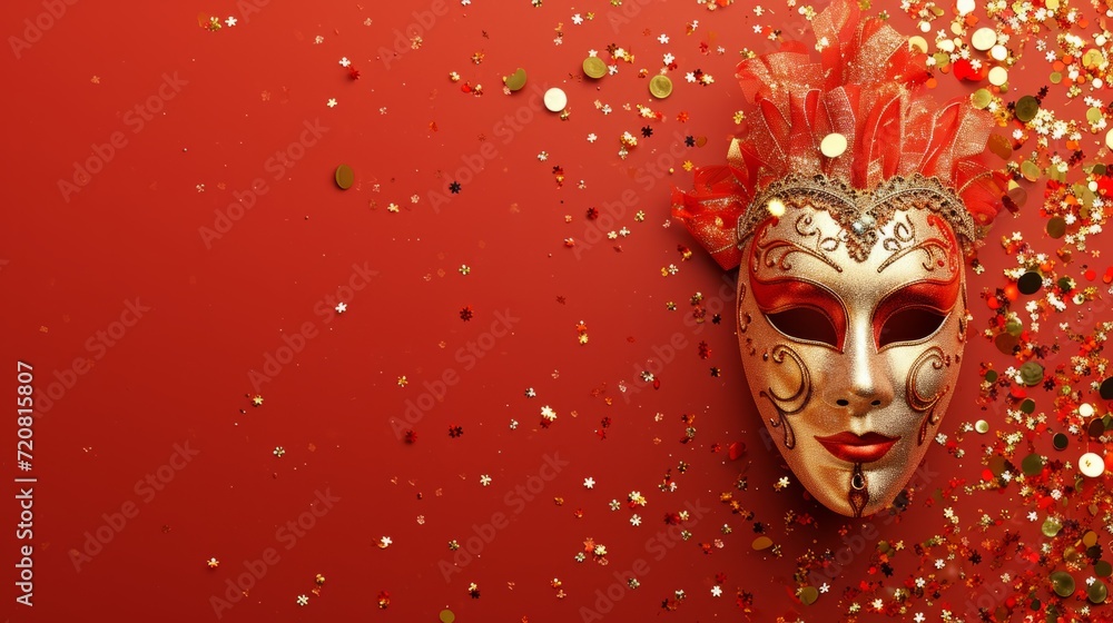 golden and red mask near confetti, on solid minimalist background generative ai