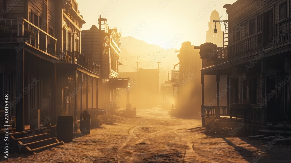 Wild West. Old western town at sunset with wooden buildings and a dusty street - obrazy, fototapety, plakaty 