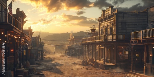 Wild West. Old western town at sunset with wooden buildings and a dusty street photo