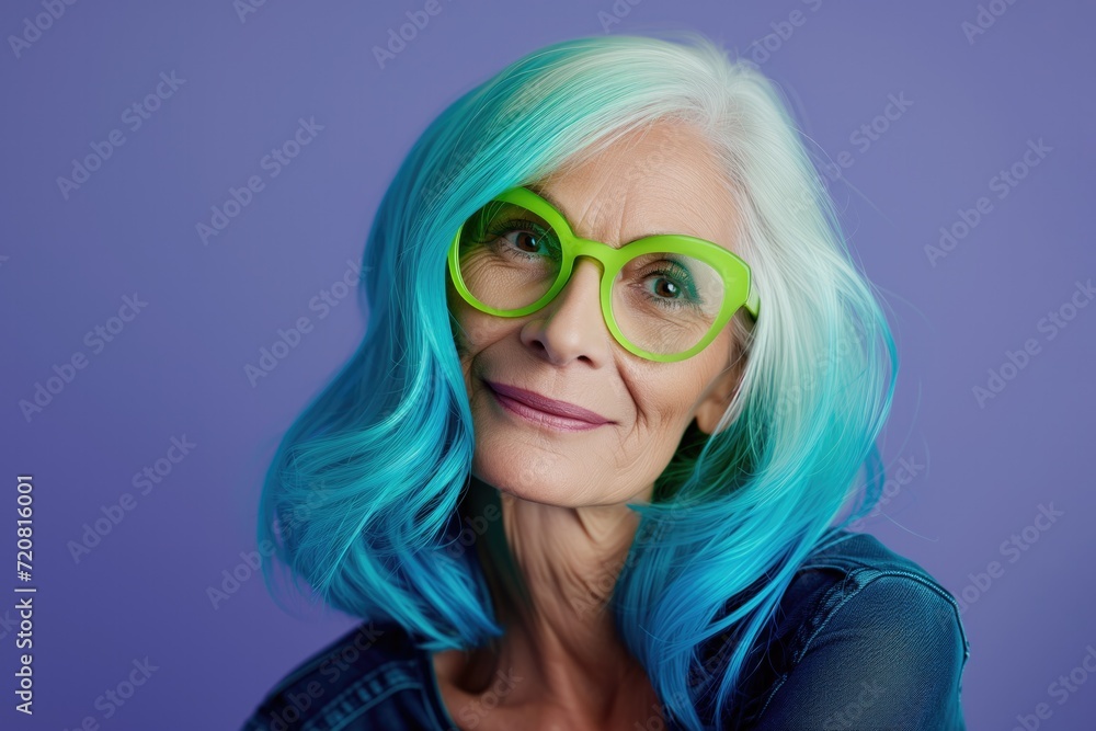 Studio portrait of beautiful senior woman with gradient blue hair, wearing trendy neon green sunglasses, retired stylish fashion model with cool vibrant look Studio portrait of beautiful senior woman with gradient blue hair, wearing trendy neon green sunglasses, retired stylish fashion model with cool vibrant look