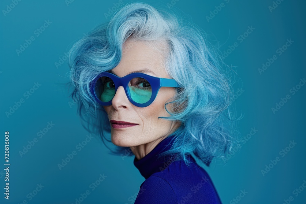 Studio portrait of beautiful senior woman with blue hair, wearing trendy sunglasses, retired stylish fashion model with cool vibrant look Studio portrait of beautiful senior woman with blue hair, wearing trendy sunglasses, retired stylish fashion model with cool vibrant look