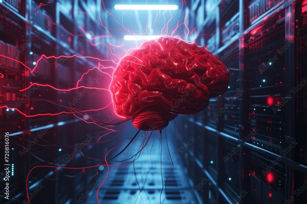 Evil red AI brain in data center server room. Danger of strong artificial intelligence, threat to humanity, future risk of creating dangerous ASI, scary superintelligence - obrazy, fototapety, plakaty 