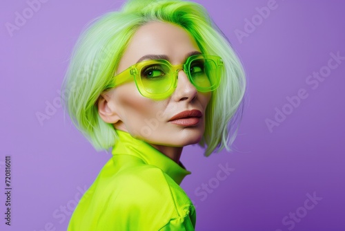 Studio portrait of beautiful senior woman wearing trendy neon green sunglasses, retired stylish fashion model with cool vibrant look