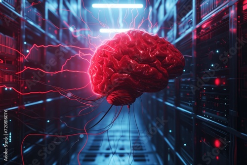 Evil red AI brain in data center server room. Danger of strong artificial intelligence, threat to humanity, future risk of creating dangerous ASI, scary superintelligence
