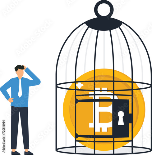 Businessman locking coin in a birdcage
