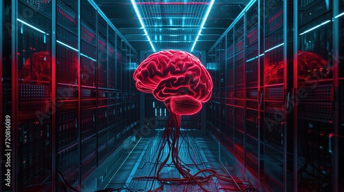 Evil red AI brain in data center server room. Danger of strong artificial intelligence, threat to humanity, future risk of creating dangerous ASI, scary superintelligence